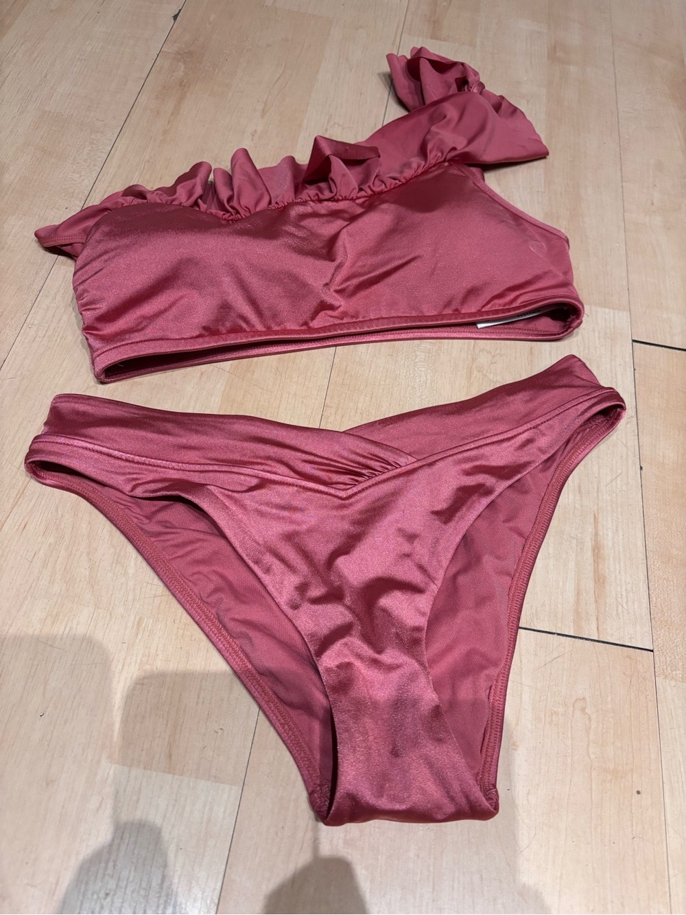 Seafolly One-Shoulder Ruffle Bikini Set in Dusty Rose size 12